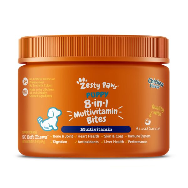 Zesty Paws Multivitamin Treats for Dogs - Glucosamine Chondroitin for Joint Support + Digestive Enzymes & Probiotics - Grain Free Dog Vitamin for Skin & Coat + Immune Health - Puppy - 90 Count